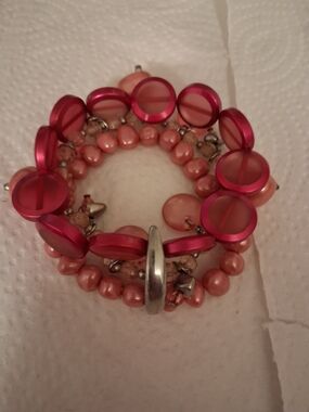 Pink Multi-Row Beaded Stretch Bracelet with Disc Accents